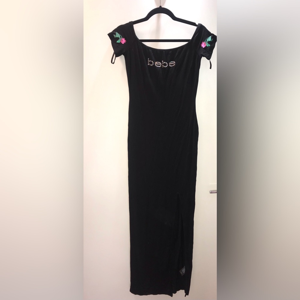 Bebe off shoulder floral sleeve side slit maxi dress crystal logo